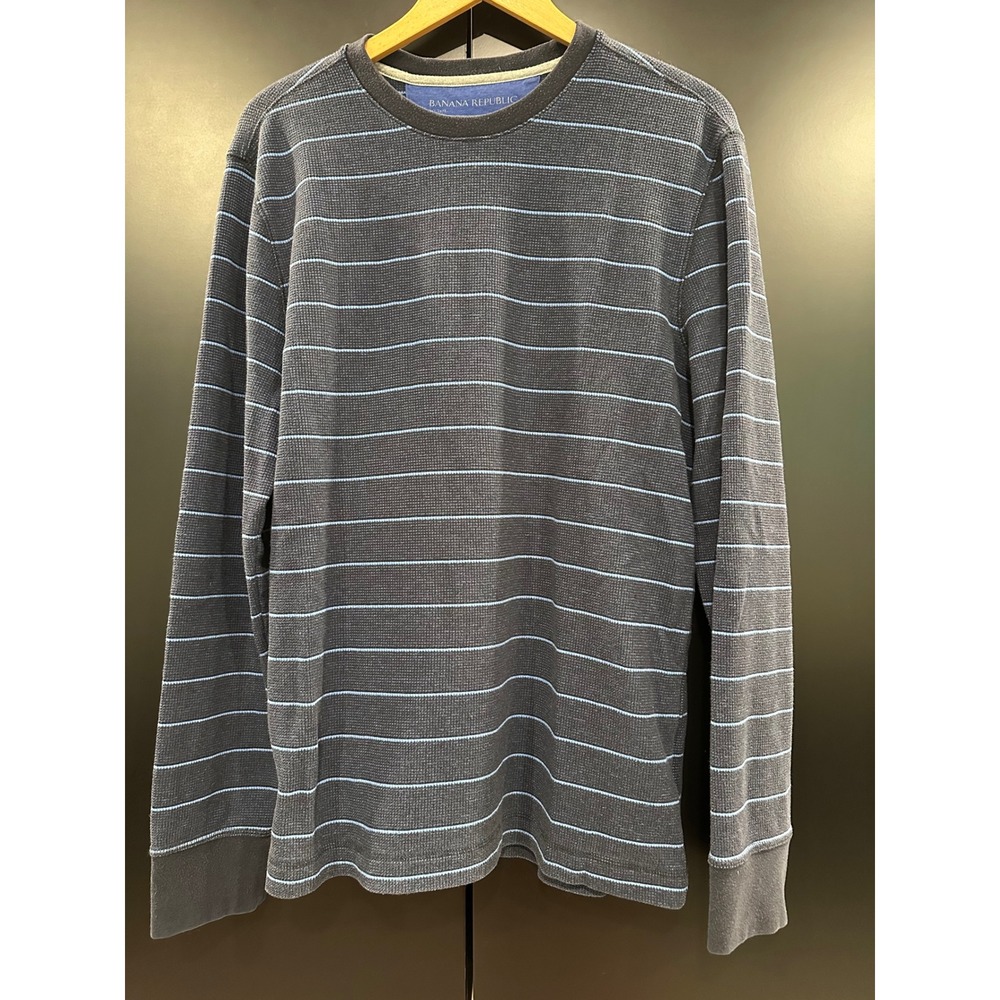 Banana Republic Mens Large Waffle Knit Thermal Navy Blue Striped Long Sleeve